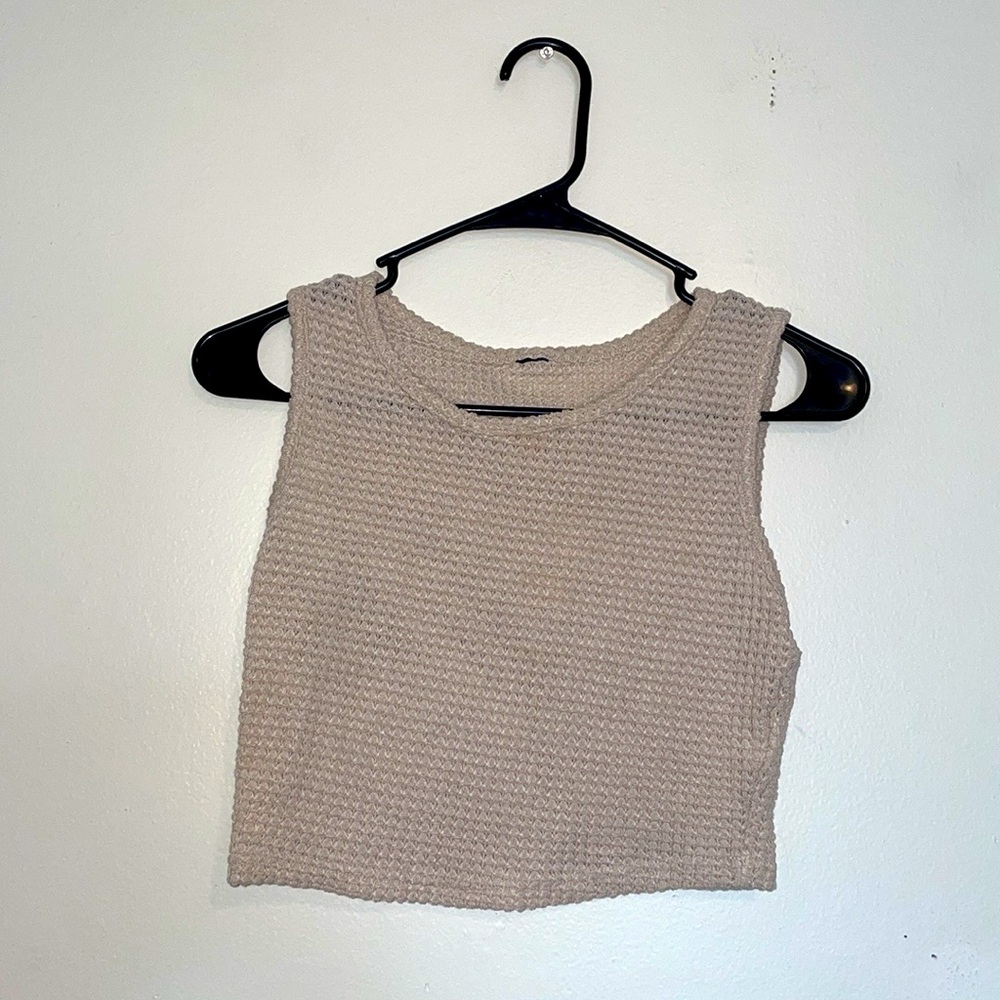 Beige Sleeveless Waffle Knit High Neck Cropped Tank Top